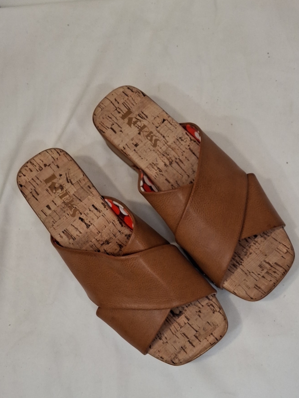 Korks Brown Platform Clog Slide Sandals. Faux Leather Crisscross Uppers.
